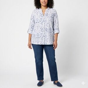 Ruby Rd. 100% Linen Wms Blouse 2X Blue White Ikat Print Button Front 3/4 Sleeve